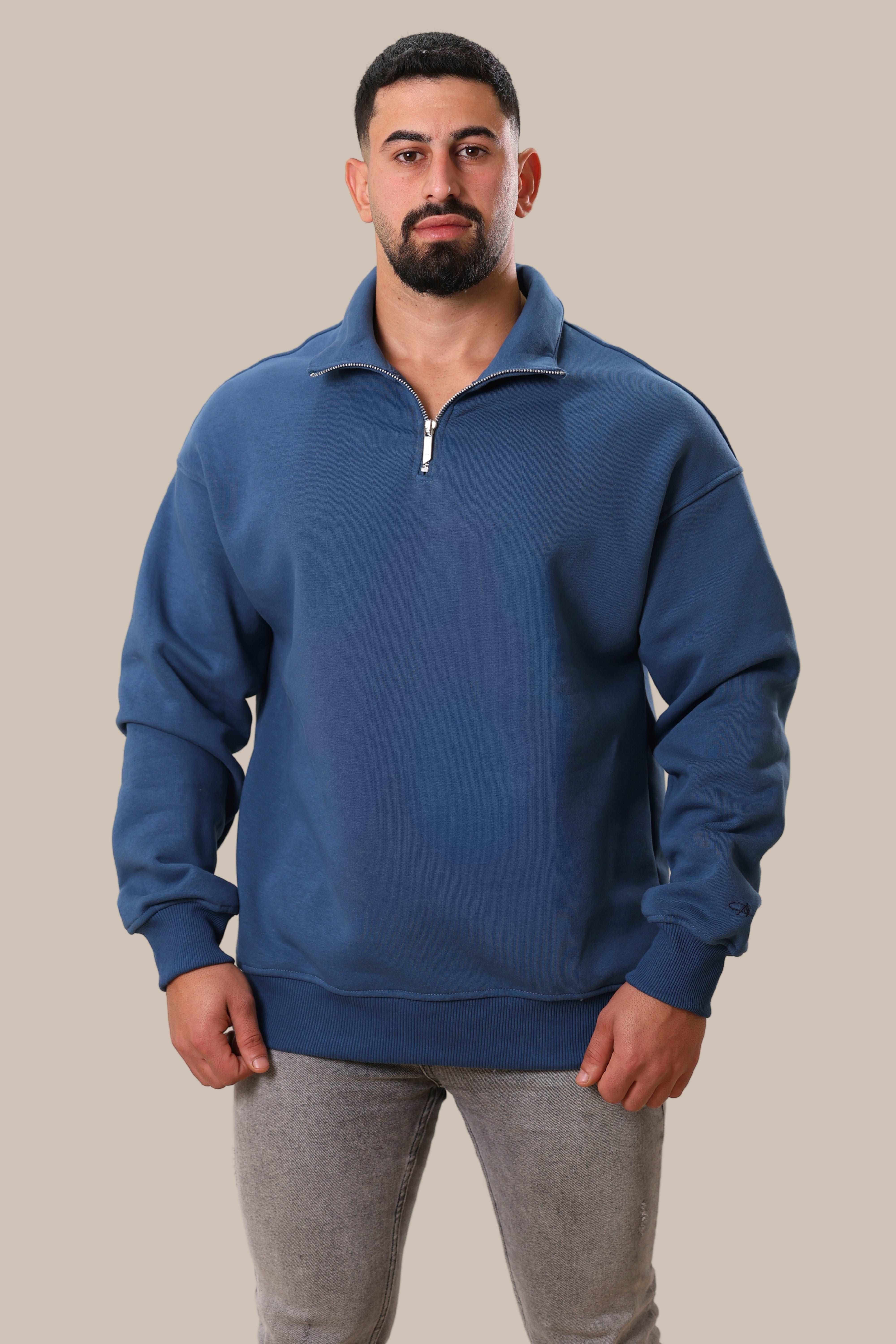 Men's Half Zipper Basic Cotton Sweater | Blue