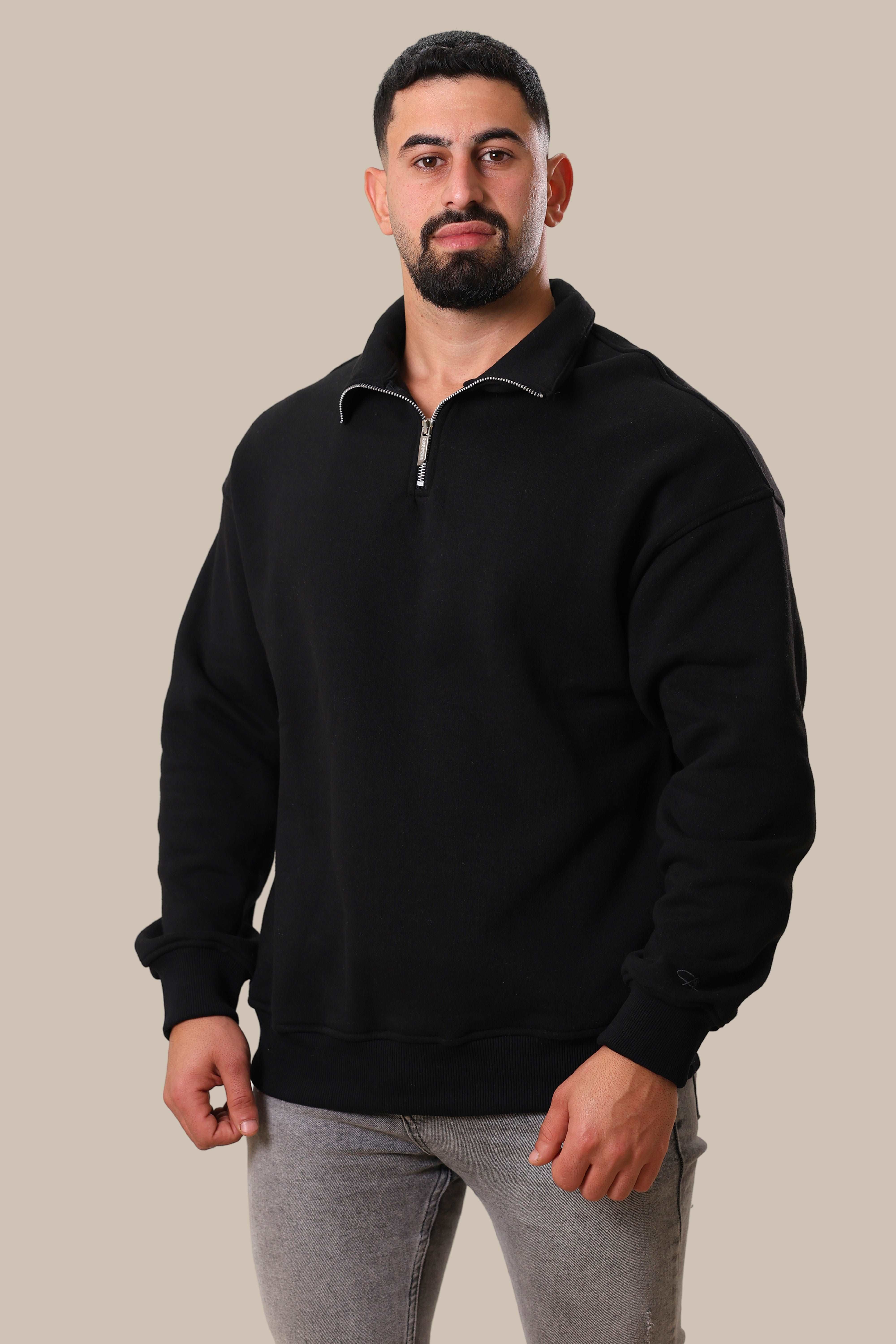 Men's Half Zipper Basic Cotton Sweater | Black