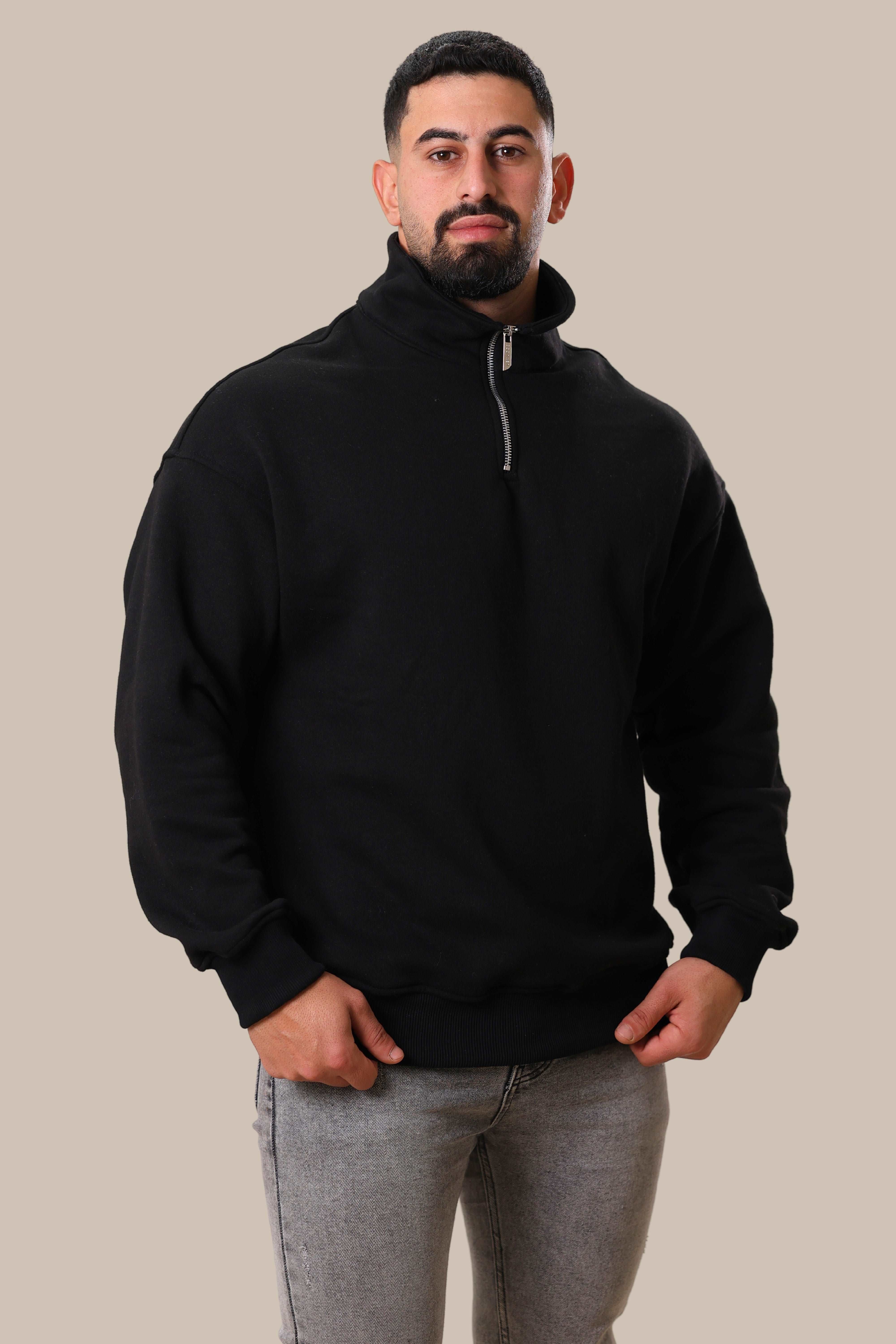 Men's Half Zipper Basic Cotton Sweater | Black